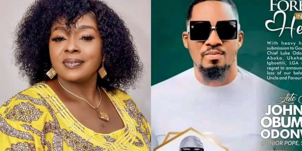 Rita Edochie heartbroken as she reacts to Junior Pope’s burial poster